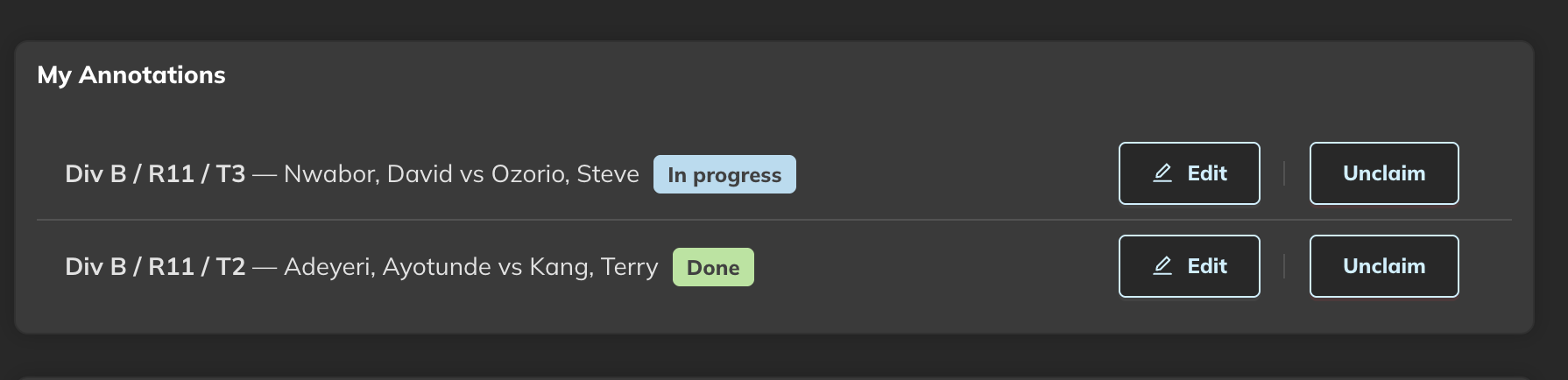 The annotation editor view during a live game