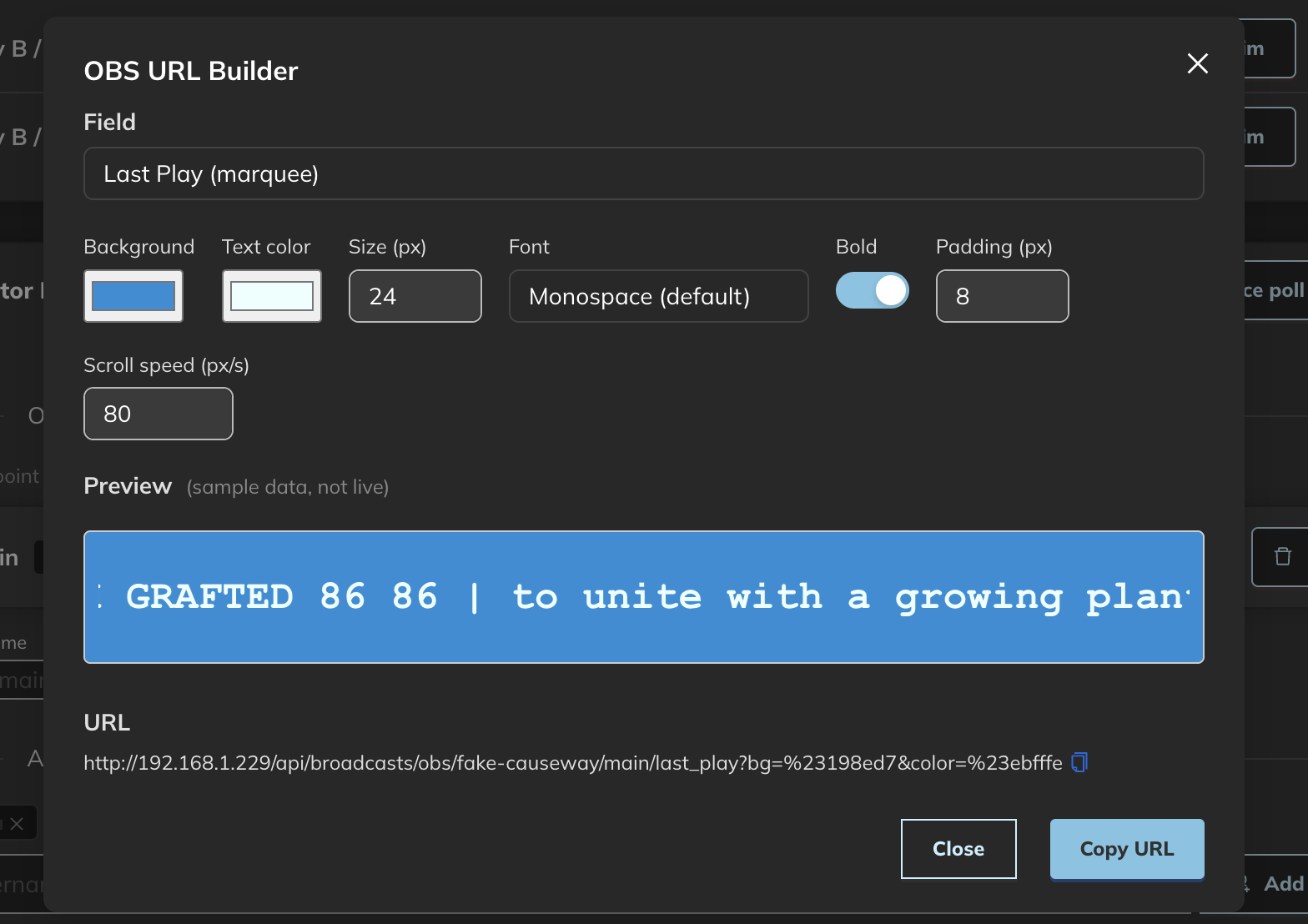 The OBS URL builder panel with style and content options