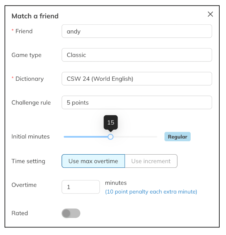 Woogles Game Settings Image of the Game Settings dialog box, including fields to enter the opponent’s name, game type, dictionary type, challenge rule, time settings, and rated/unrated toggle.