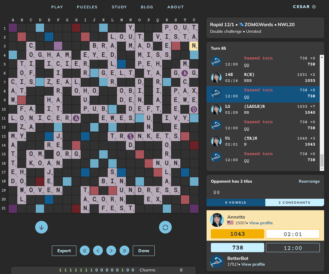 Spotted on Woogles - the fabled double-Q stick!